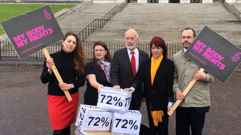 Representatives of Amnesty International, the Alliance Party and the Green Party deliver a petition of 45,000 signatures calling on a change to Northern Ireland's abortion laws