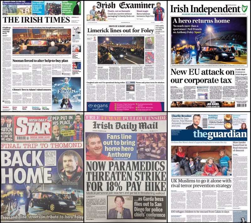The front pages are dominated this morning by images of Anthony Foley's funeral cortege.