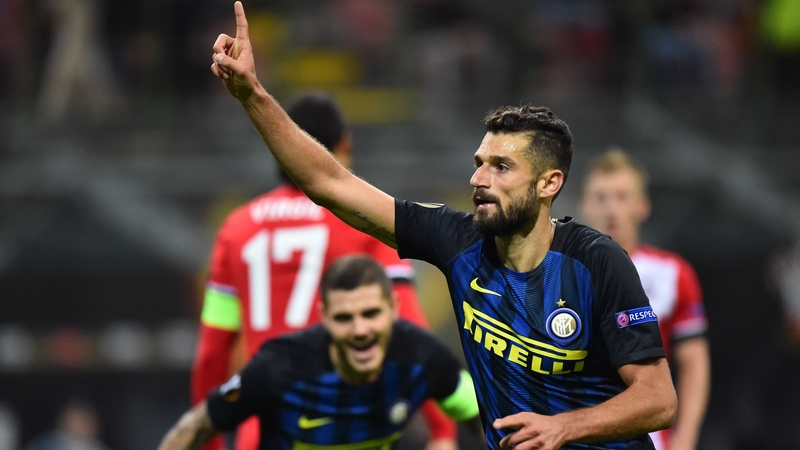 Antonio Candreva celebrates scoring the only goal of the game at the San Siro