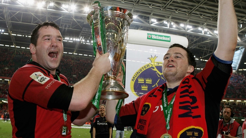 Anthony Foley (L) and Marcus Horan (R) lift the Heineken Cup back in 2006