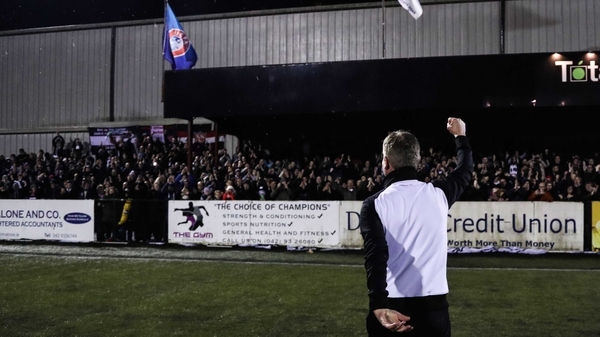 Stephen Kenny celebrates with Dundalk fans after the final whistle