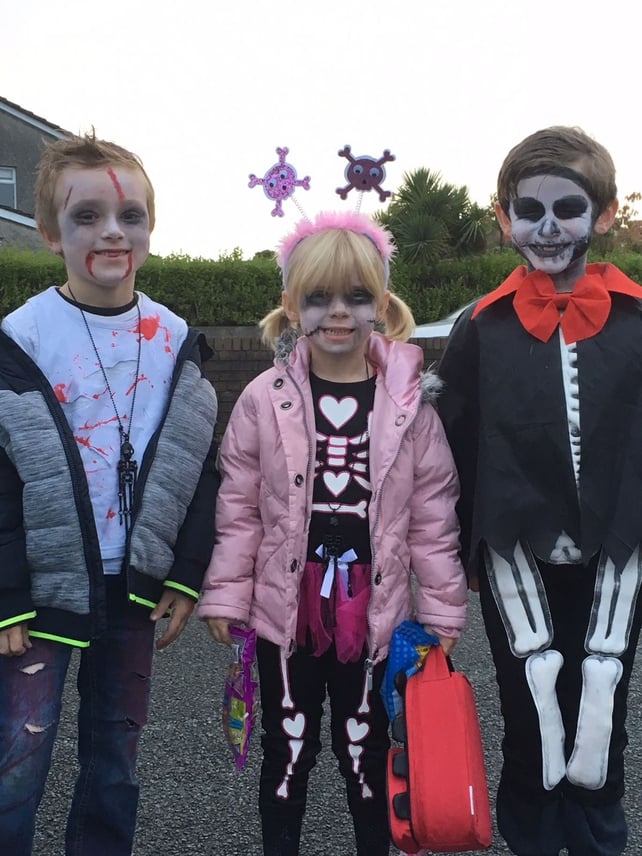 (L -R) Alex and Hannah Sweetman, with their cousin, Darragh, all on their way into Gaelscoil in Arklow, Co Wicklow (Pic: Gillian Kelly)