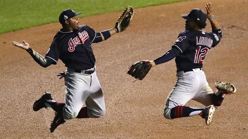 Francisco Lindor and Rajai Davis of the Cleveland Indians celebrate