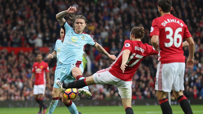 Daley Blind battles for possession with Burnley's Jeff Hendrick during the 0-0 draw at Old Trafford