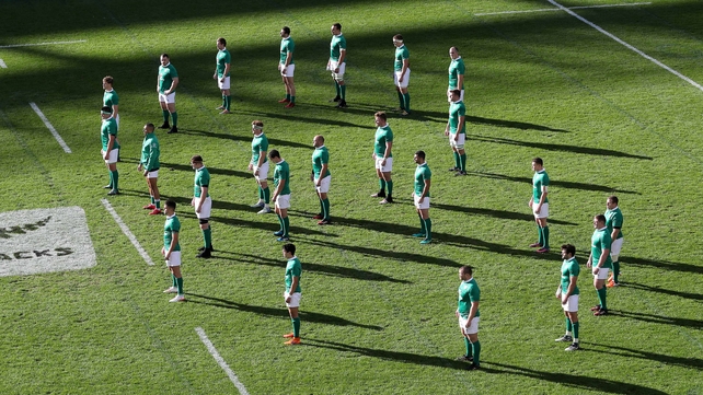 The Ireland team face the Haka in a shape of eight in memory of Anthony Foley of Munster