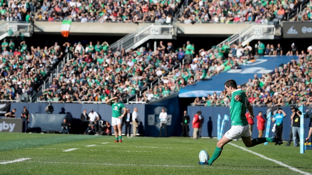 Jonathan Sexton kicks over the extra points