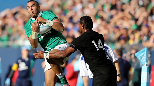 Simon Zebo rises to take the ball ahead of Waisake Naholo