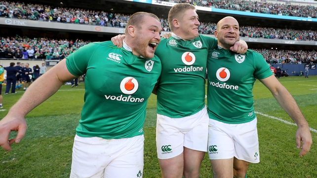 Jack McGrath, Tadhg Furlong and Rory Best celebrate Ireland's historic win