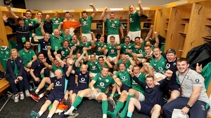 The Ireland team and backroom staff celebrate Ireland's 40-29 victory over New Zealand