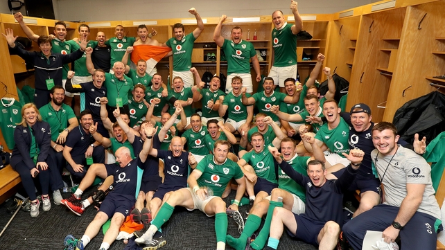 The Ireland team and backroom staff celebrate Ireland's 40-29 victory over New Zealand