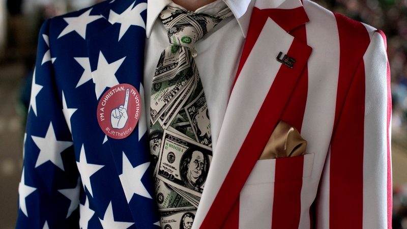 A Trump supporter dressed in a Stars and Stripes sports coat