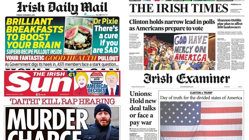 Leading with today's presidential election in the United States - the Times highlights the narrow lead shown for Hillary Clinton in opinion polls nationally.