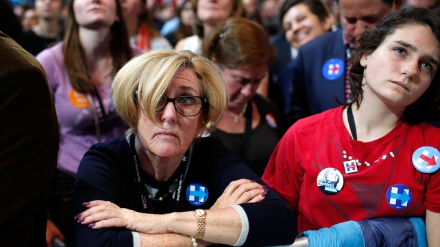 People watch voting results at the Jacob K. Javits Convention Center in New York City