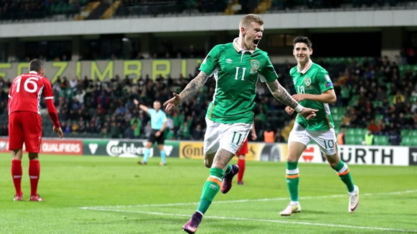 James McClean celebrates finding the net against Moldova