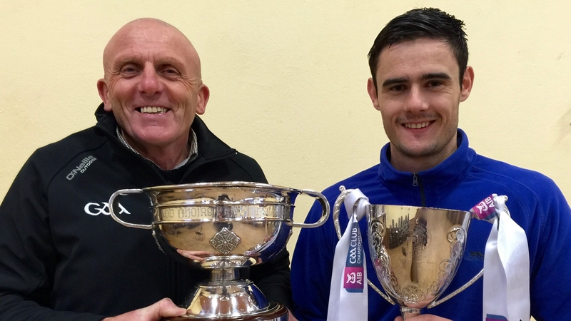 Slaughtneil chairman Sean McGuigan and dual player Chrissy McKaigue with some of the silverware they won this season