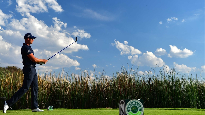 Henrik Stenson tees off earlier today