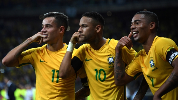 Coutinho, Neymar and Gabriel Jesus celebrate against Argentina