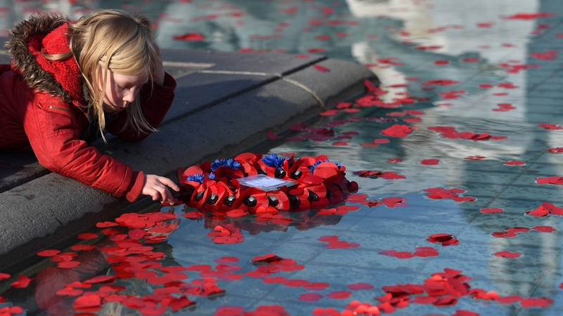 A young girl touches a poppy in a fountain pool during an Armistice Day event in Trafalgar Square
