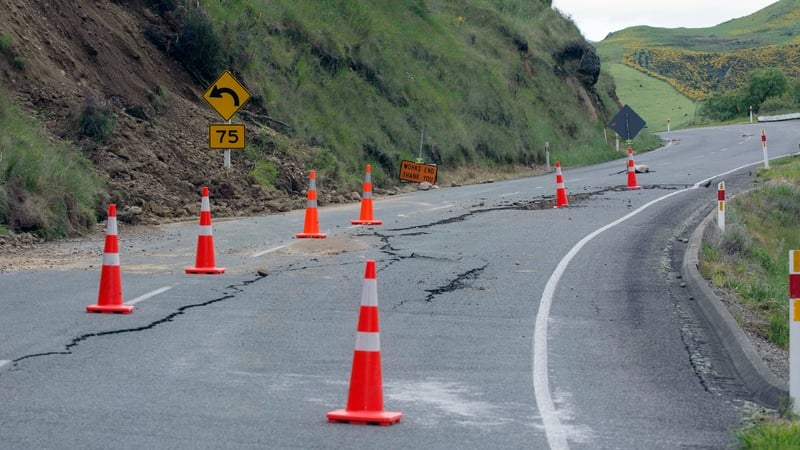 A road is cordoned off near Hanmer in New Zealand after the earthquake