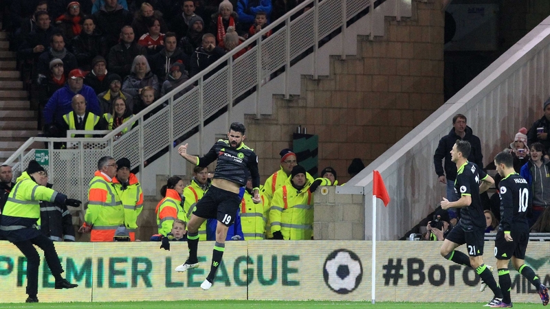Diego Costa celebrates his goal at the Riverside