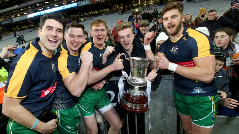 Bernard Brogan, Philly McMahon, Paul Cribbin and Eoin Cadogan celebrate winning The Cormac McAnallen Cup in 2015