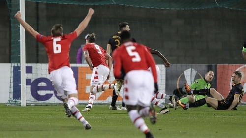 AZ Alkmaar's Wout Weghorst celebrates the only goal of the game
