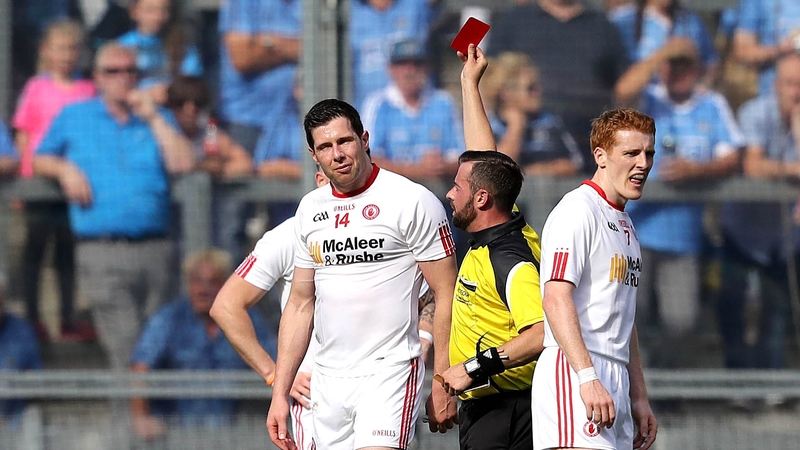 Seán Cavanagh is shown a red card by referee David Gough