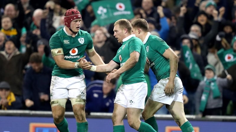 Keith Earls is congratulated by Josh van der Flier
