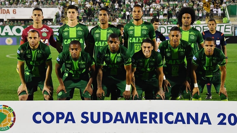 The Chapecoense team ahead of a Copa Sudamericana football match against Argentina's Independiente in September
