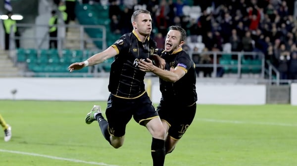 Dundalk's Ciaran Kilduff (l) celebrates his goal against Maccabi Tel-Aviv in the Europa League with Robbie Benson