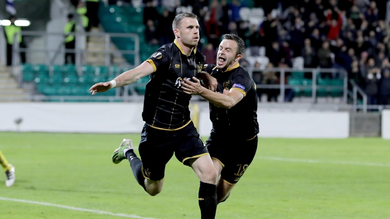 Dundalk's Ciaran Kilduff (l) celebrates his goal against Maccabi Tel-Aviv in the Europa League with Robbie Benson