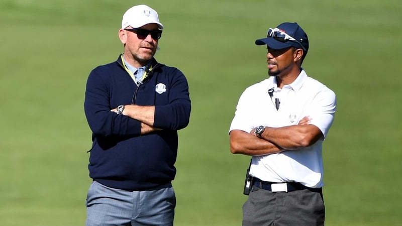 Europe and USA 2016 Ryder Cup vice-captains Thomas Bjorn and Tiger Woods at Hazeltine