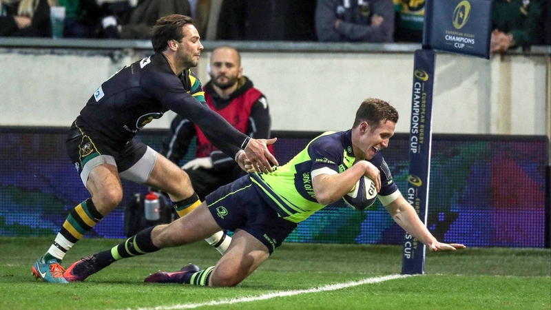 Rory O'Loughlin scores a try for Leinster after latching on to a kick from fellow European Rugby Champions Cup debutant Ross Byrne
