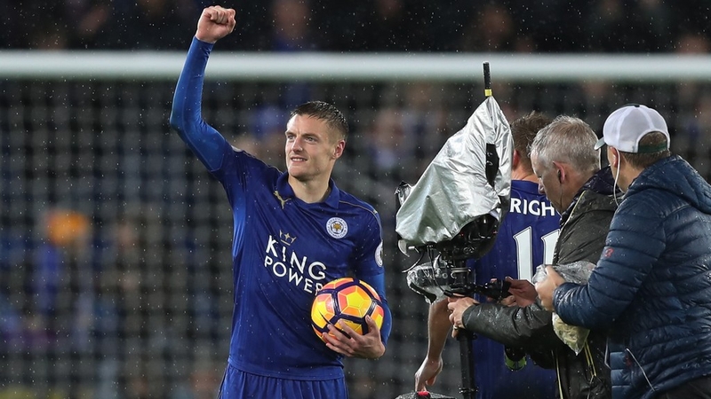 Jamie Vardy with the match ball after Leicester's 4-2 win against Manchester City