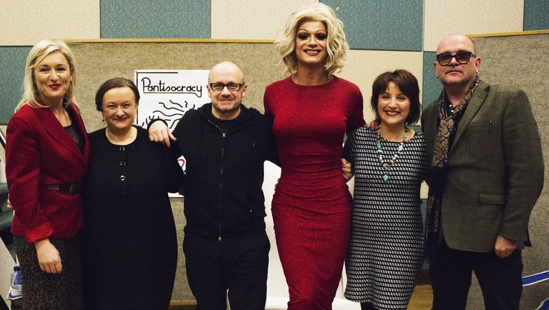 The Pantisocracy Christmas Special line-up, from left to right - artist Amanda Coogan, singer and director of ITMA Grace Toland, filmmaker Lenny Abrahamson, Queen Of Ireland Panti Bliss, Sean-Nós singer Róisín Elsafty and performer Gavin Friday.