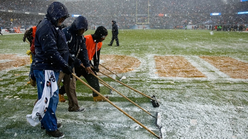 Snow is pushed off the field during the game between the Chicago Bears and the San Francisco 49ers at Soldier Field at the start of the month