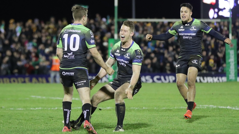Matt Healy, and Rory Parata celebrate with winning goal kicker Jack Carty
