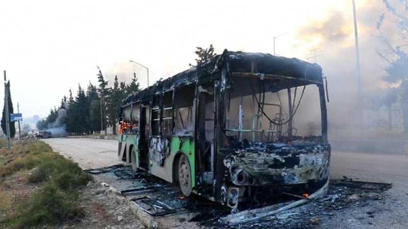 Syrian state media said "armed terrorists" burned five buses near Idlib