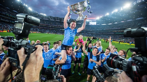 Philly McMahon is lifted by his team mates as he brings Sam Maguire to Hill 16 after last year's All-Ireland win