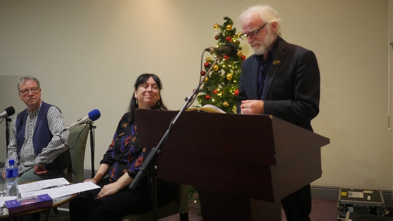 Pictured: Poet and musician Cahal Dallat, poet Siobhán Campbell and actor Donal Cox taking part in a recording of the RTÉ Poetry Programme in London, to be broadcast at 7 pm on Christmas Eve.