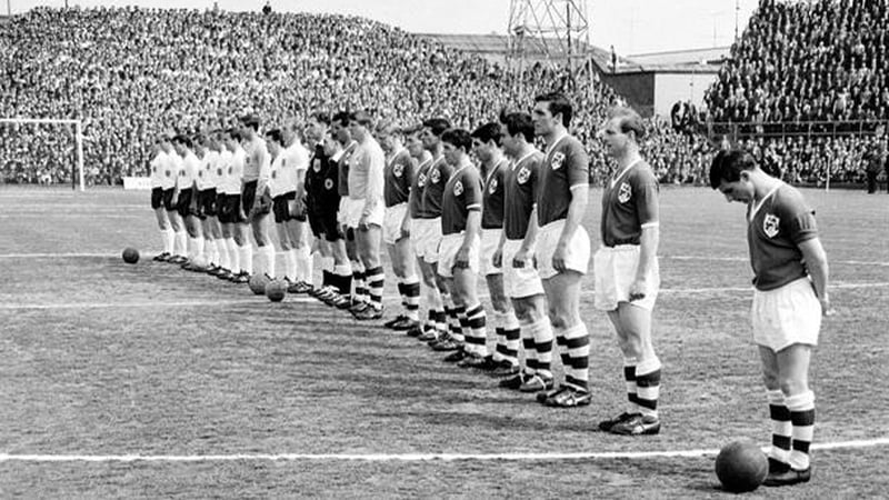 Eddie Bailham (fourth from right) making his international debut at Dalymount Park (photo courtesy of www.thelilywhites.cambsonline.co.uk)