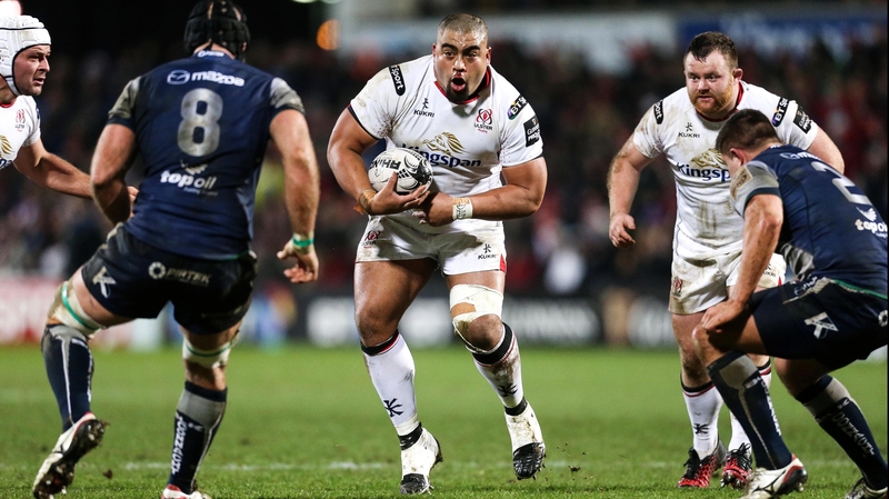 A bloodied Rodney Ah You of Ulster gets ready to crash into Connacht tacklers