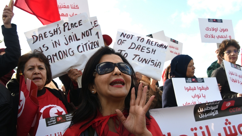 Hundreds of people protested outside parliament in Tunisia against letting jihadists who fought overseas to return to the country