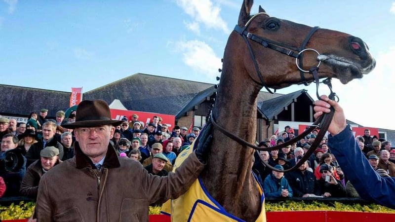 Willie Mullins celebrates winning The Ryanair Novice Steeplechase with Douvan last April