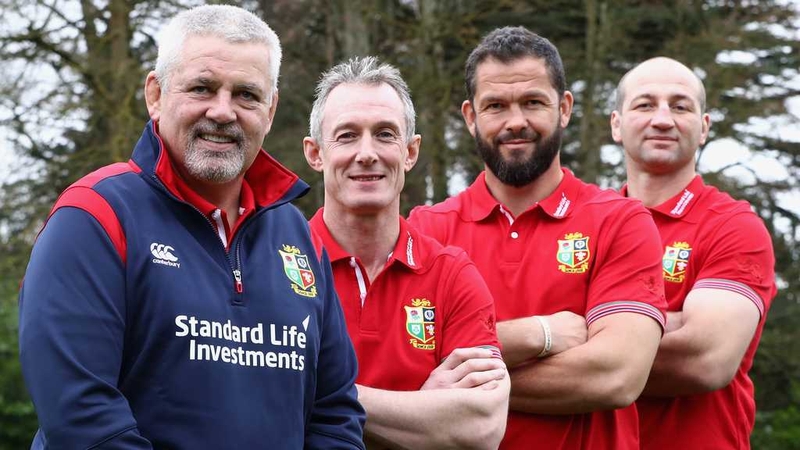 Warren Gatland, head coach, Rob Howley, backs coach, Andy Farrell, defence coach and Steve Borthwick the forwards coach during the Lions coaching team announcement