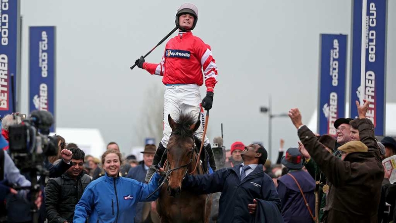 Nico de Boinville onboard Coneygree celebrates winning the 2015 Cheltenham Gold Cup