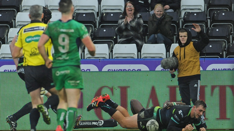 Ashley Beck scores the Ospreys' fourth try and secures the bonus point