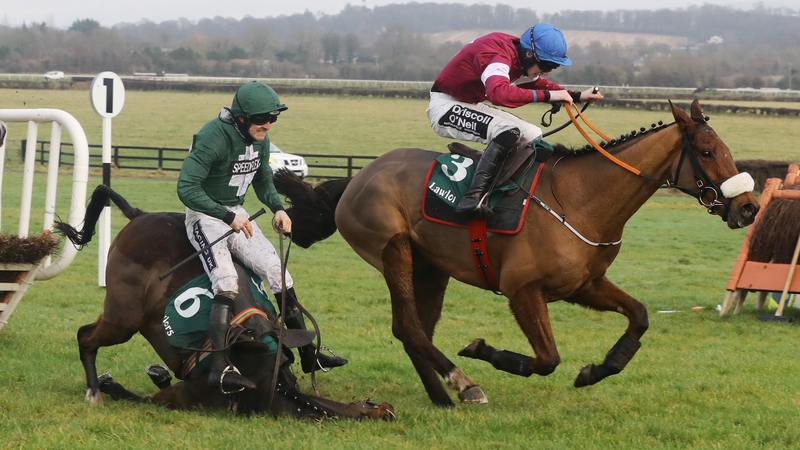 Jack Kennedy on Death Duty wins the Lawlor's Hotel Novice Hurdle as Ruby Walsh on Augusta Kate comes to grief