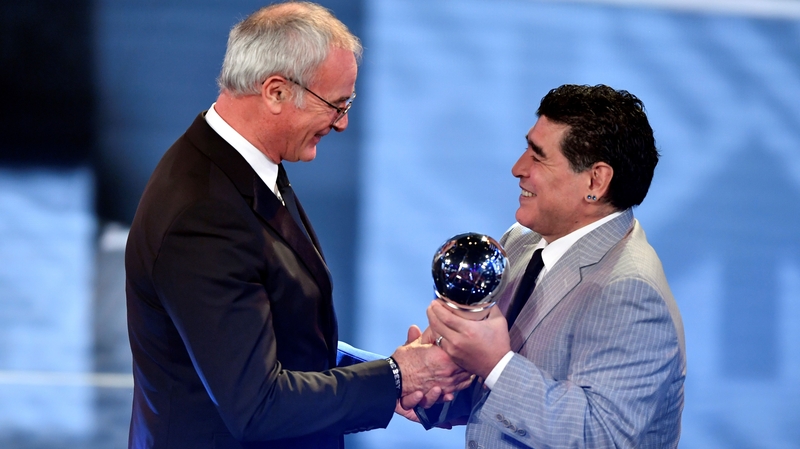 Claudio Ranieri (L) is presented with The Best FIFA Mens Coach of 2016 Award by Diego Maradona