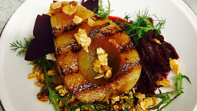 Kevin Ahearne's Poached apple, candy oats, goats cheese & beetroot relish